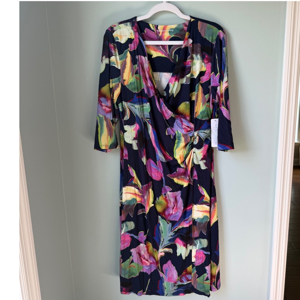 NEW Soft Surroundings Hyannis Faux Wrap Dress Violet Floral Midi Knit Large NWT